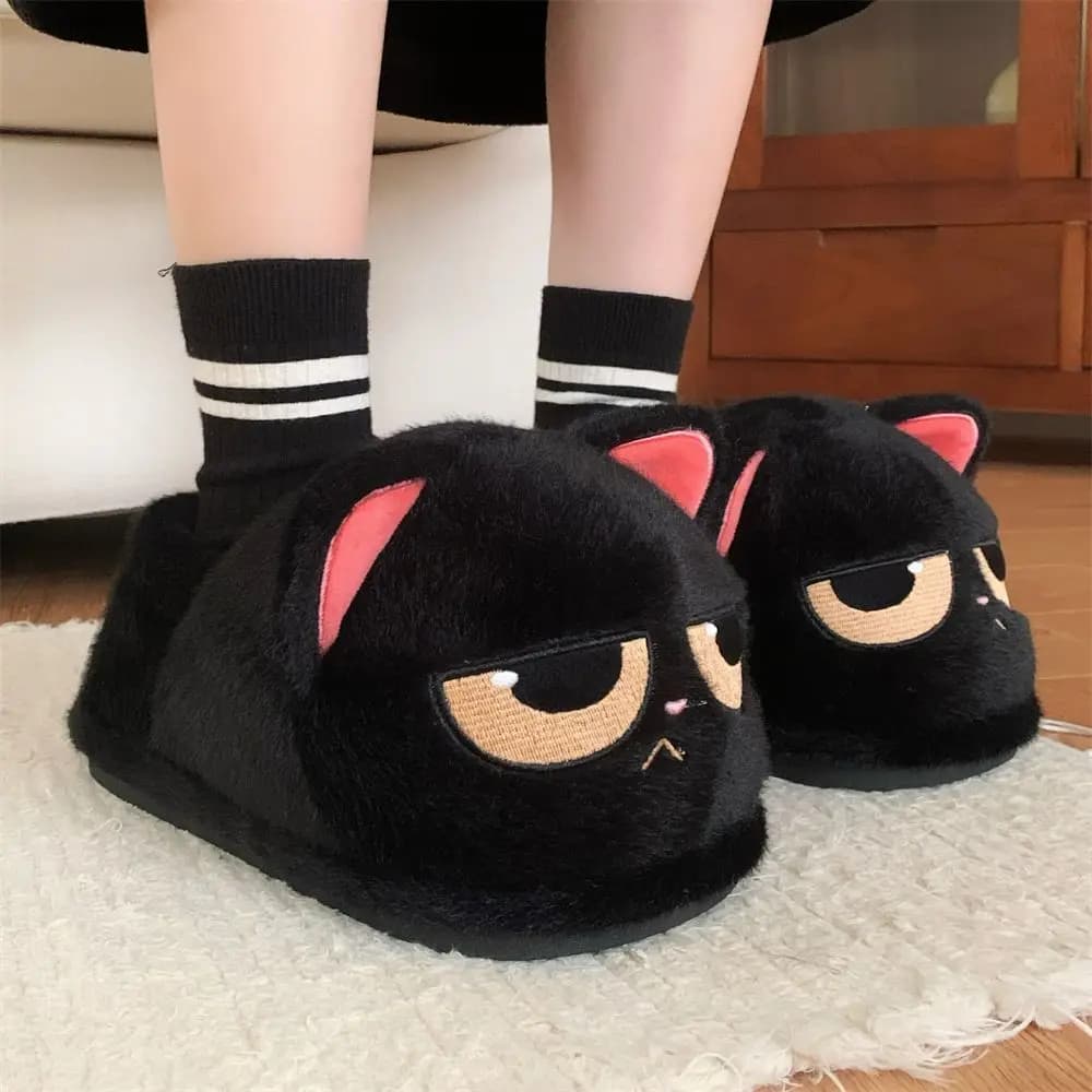 Pantofole invernali nere non felici per gattini donna uomo ciabatte per la casa per interni scarpe da donna divertenti pantofole per gattini fuzzy amanti dei gatti scarpe da interno