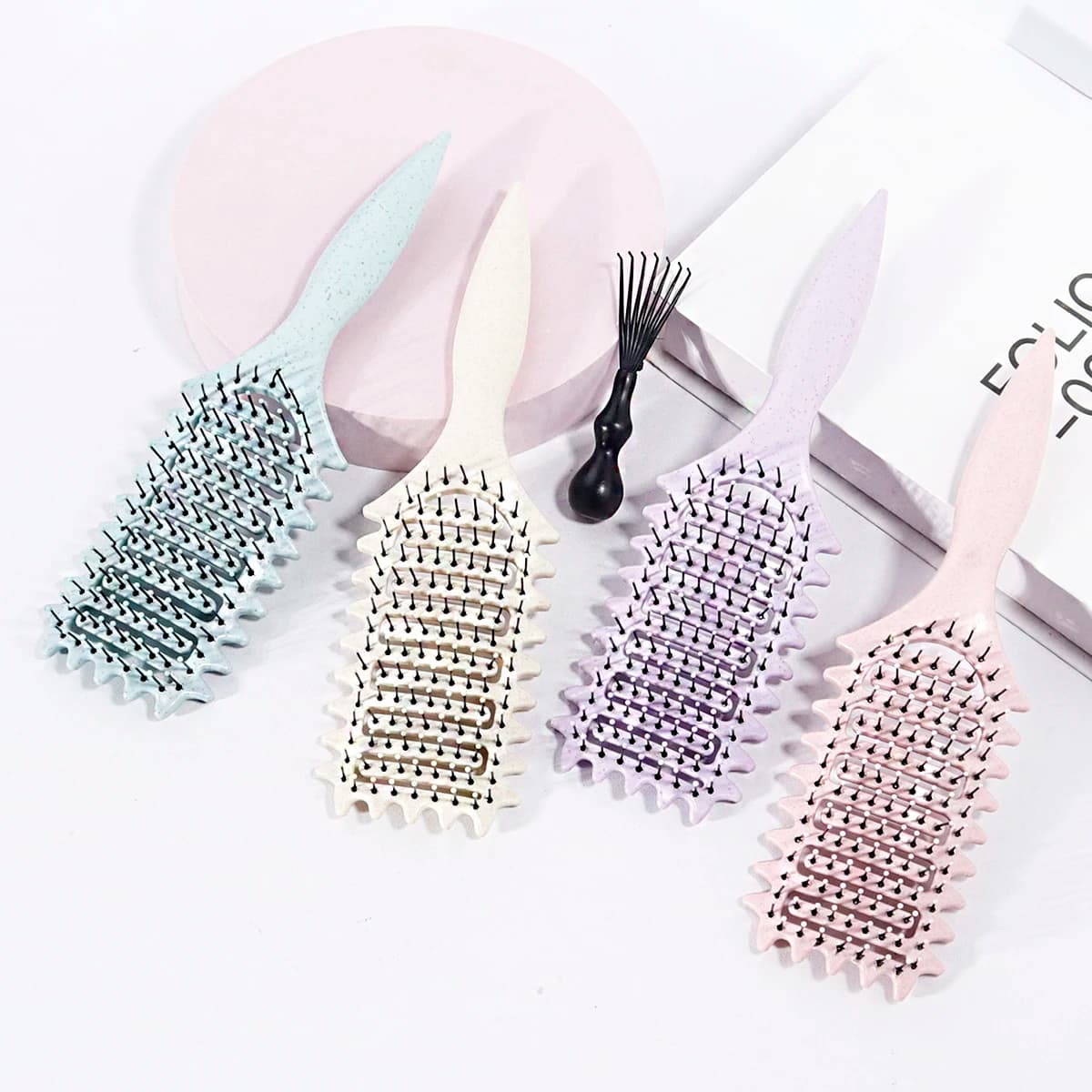 2pcs hair brush set, 1pc curling brush, 1pc cleaning claw, hollowed out curling comb, nylon bristles, special for real hair wigs