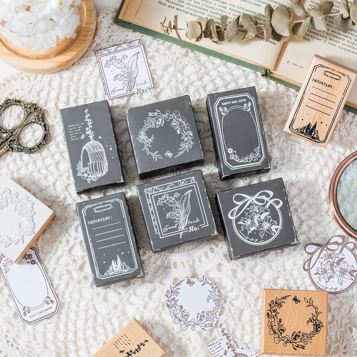 Vintage Floral Wooden Stamps Set, 6 Models for Scrapbooking & Journaling, DIY Handmade Gift, Planner Decor, Rubber Stamps
