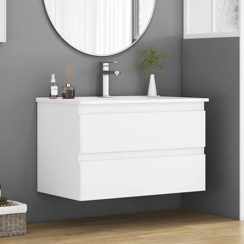 Vanity da bagno a parete da 32 pollici con lavabo combinato, doppi cassetti, sistema Soft-Close, lavello in ceramica, design senza maniglie, solido