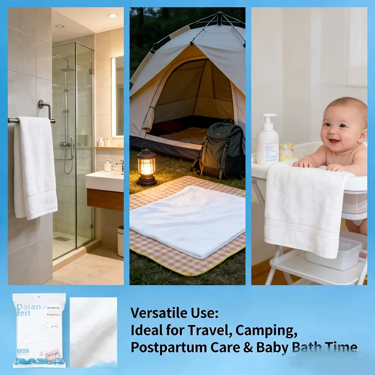 2 pezzi di asciugamani da bagno usa e getta, extra grandi, resistenti e assorbenti, progettati appositamente per situazioni di viaggio.