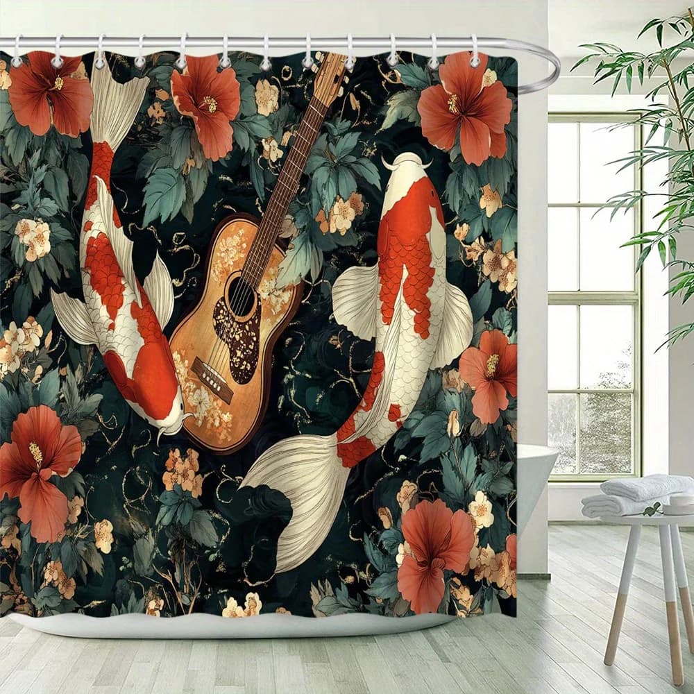 Pesce Koi e chitarra con tenda da doccia impermeabile con motivo floreale, arredamento moderno per il bagno, elegante e durevole, perfetto per l'uso domestico