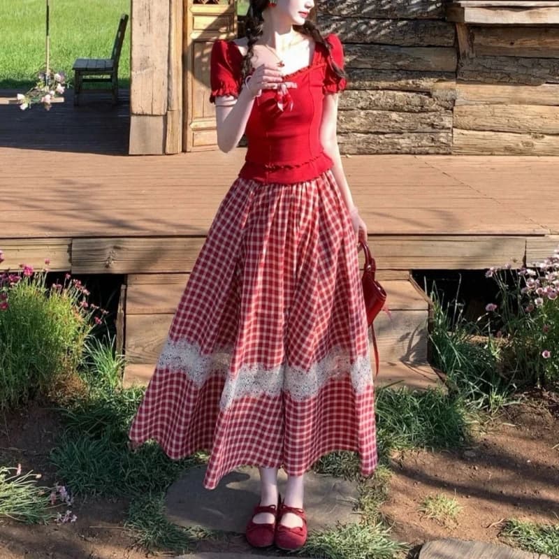 Set Vintage Francese 2 Pezzi: Blusa con Scollo Quadrato, Maniche a Sbuffo in Pizzo e Fiocco, Gonna Midi Rossa a Quadretti con Orlo in Pizzo e Vita Alta per Donna, Uso Quotidiano e Feste