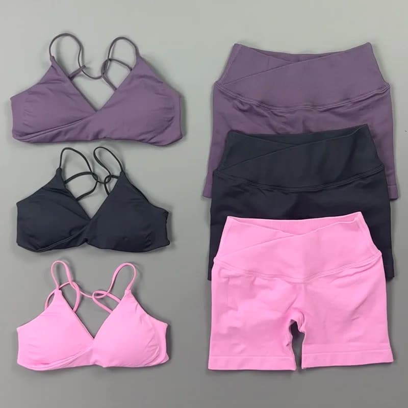 2 Pieces Yoga Set Women Back Strap Sports Bra Cross Waist Hip Lifting Biker Shorts Seamless Soft Gym Pilates Workout Outfit