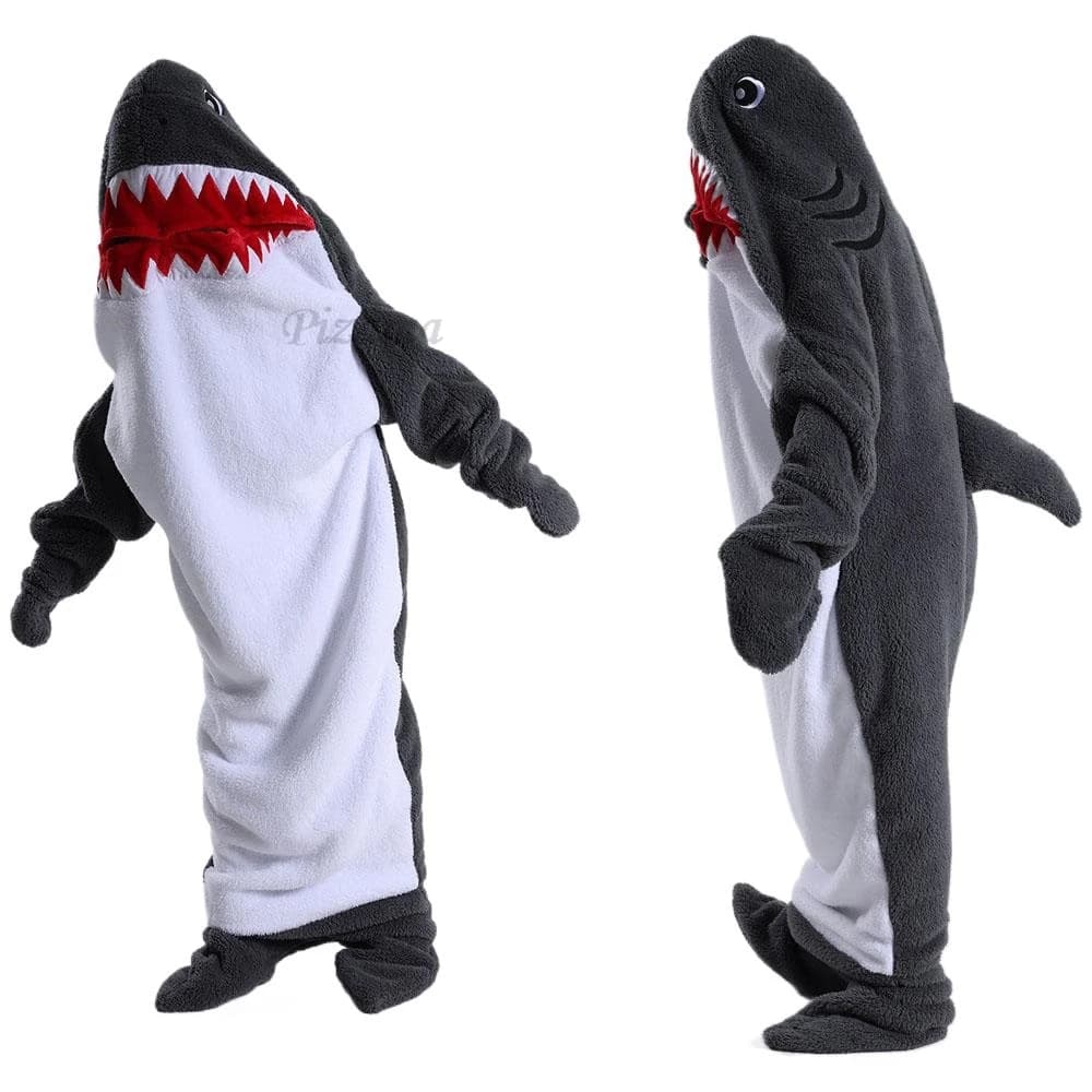 Flannel cartoon shark sleeping bag adolescent kids wearable shark blanket winter warm tutina cozy shark covered with hood