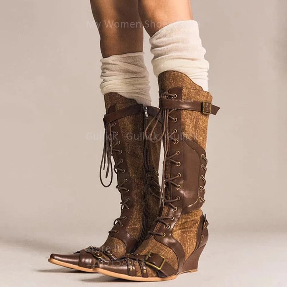 Wedges Pointy Toe Patchwork Knee High Boots Lace Up Zipper Buckle Strap Runway 2026 Winter Autumn Women Dress Shoes Handmade