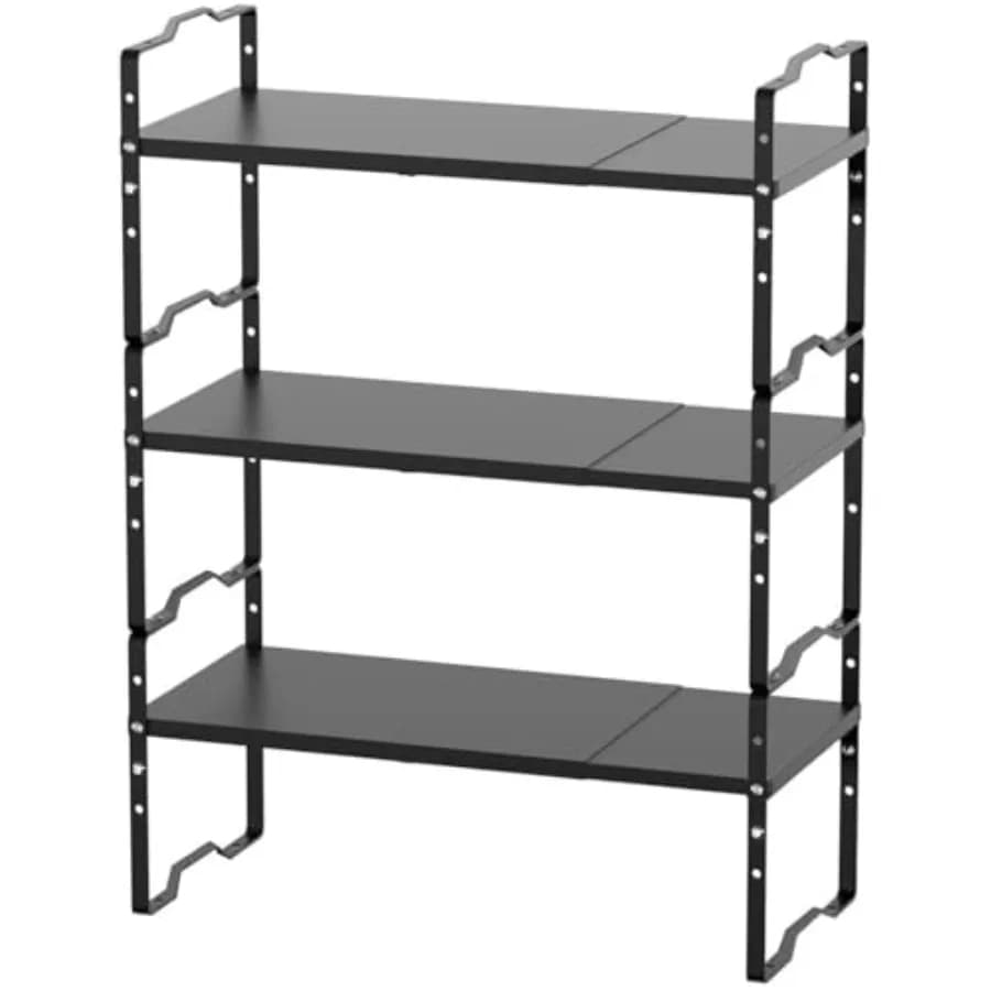 Expandable Cabinet Shelf Organizer for Kitchen and Bathroom: Adjustable, Stackable Spice Rack in Black Large Size, 3-Pack for C