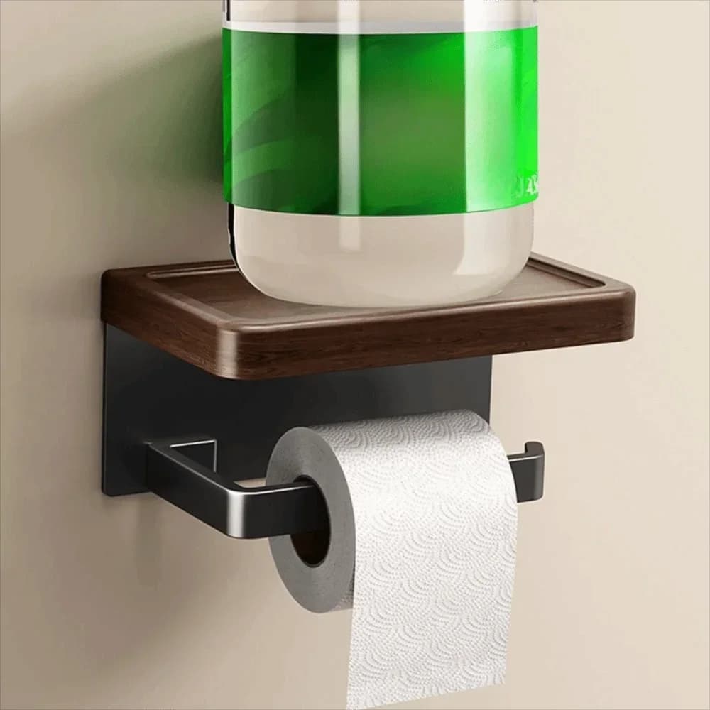 Wood Material Wall-Mounted Toilet Paper Holder with Storage Tray Waterproof Bathroom Tissue Roll Rack Rust-proof Space Saving