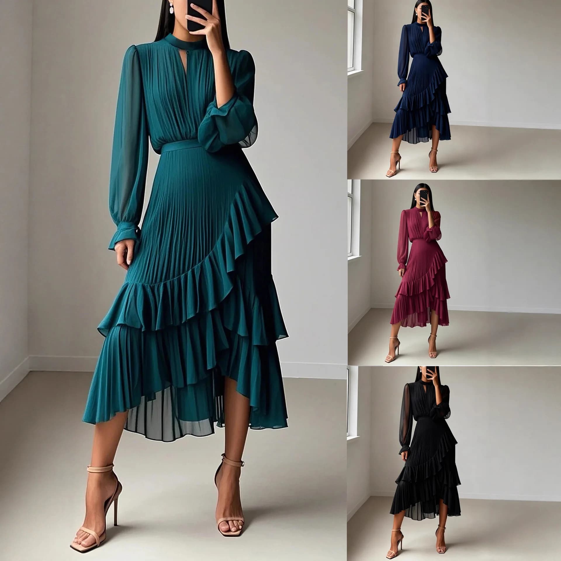 Elegante Abito Midi Tinta Unita con Pizzo Mediorientale, Vestito Plissettato da Donna in Maglia di Poliestere, Casual a Maniche Lunghe per l'Autunno