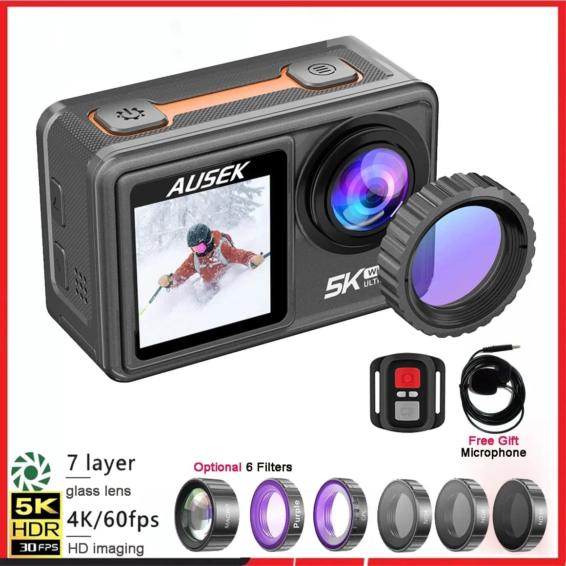 Action Camera with Removable Filter, 6 Lenti, 5K 30FPS, 4K 60FPS, 50MP, Double IPS Screen 2'', EIS, Zoom 5X, Video Repeat, Waterproof, Sport Camera