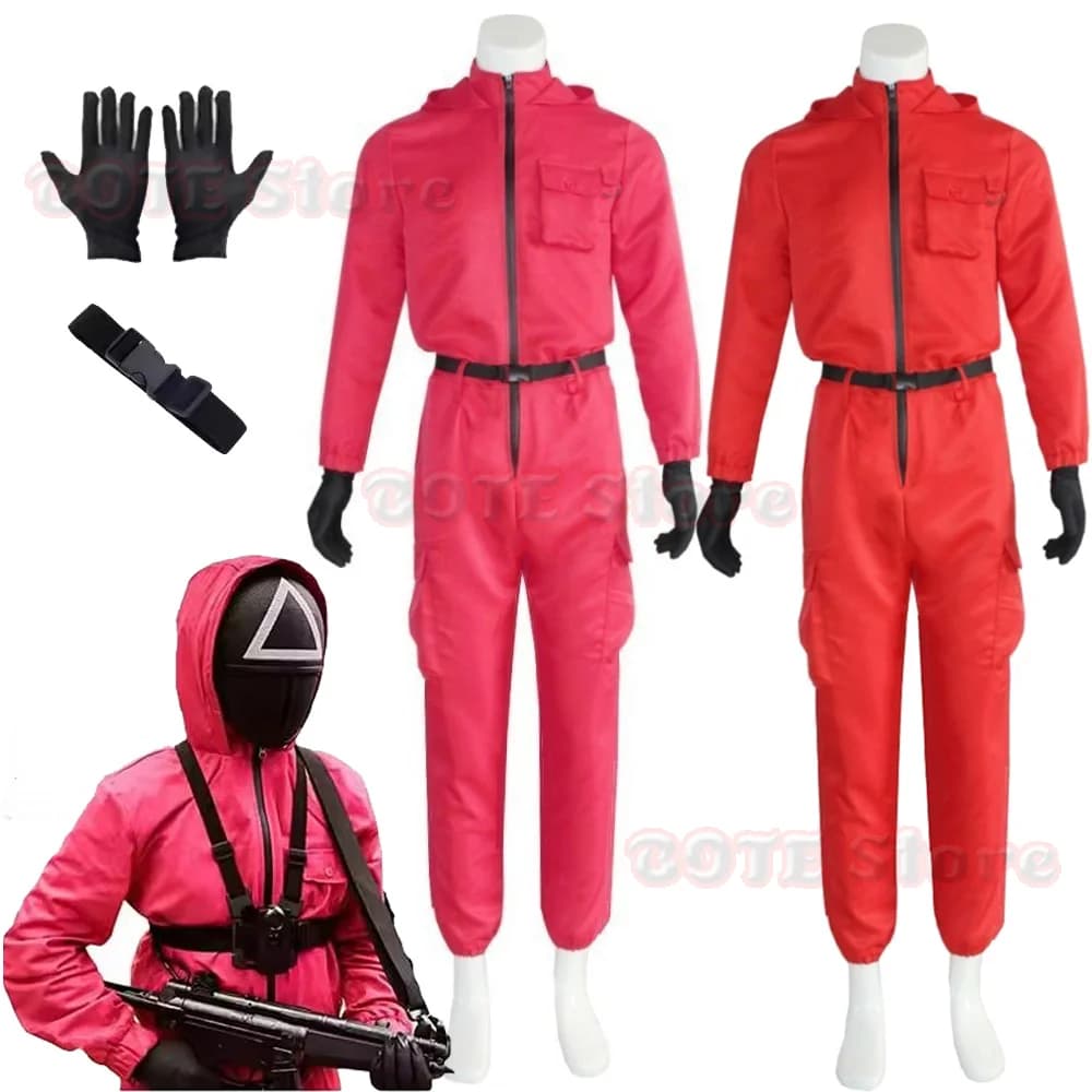 Adulto Calamari Costume Guardia Gioco Cosplay Tuta Vestito Adolescenti Tuta Con Cappuccio Cintura Complessiva Guanti Rosso Calamari Tuta
