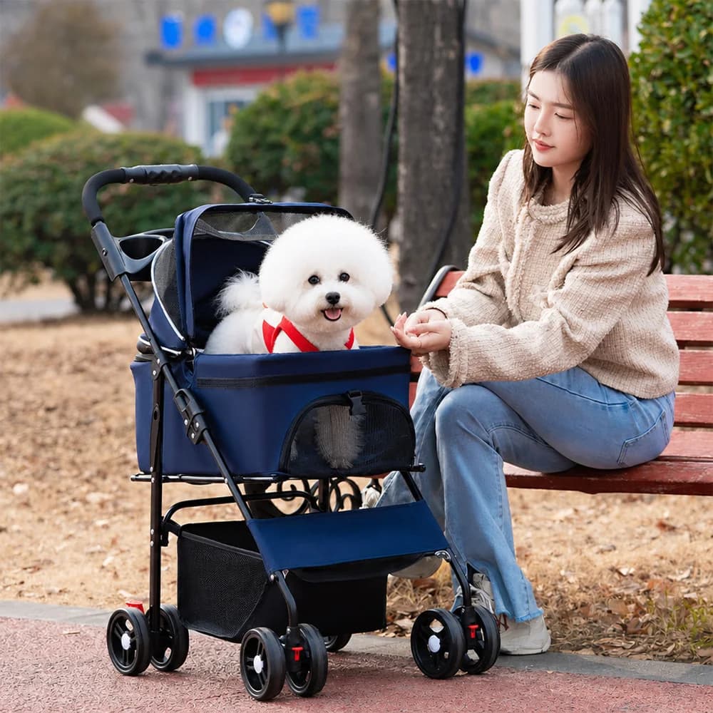 Foldable Pet Stroller with Detachable Carrier, 360° Wheels & Mesh Windows for Dogs/Cats, Lightweight Travel Cart