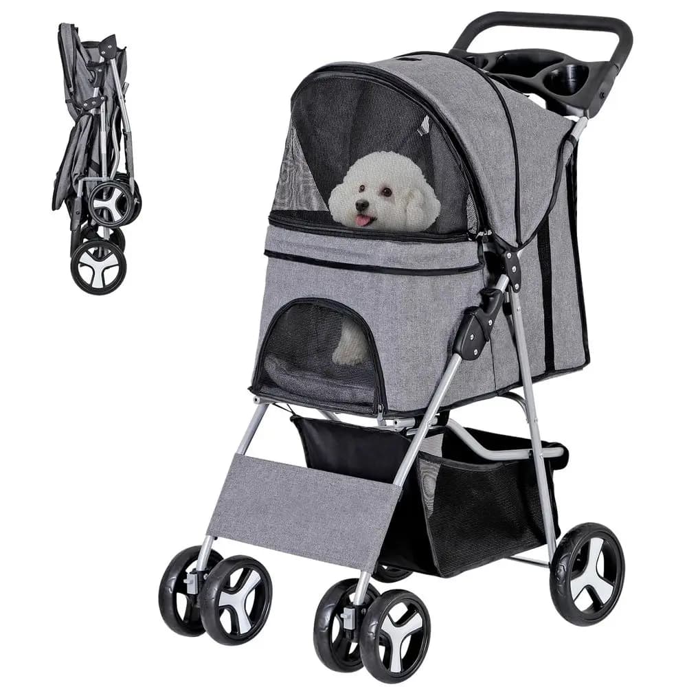 Pet Stroller, Cat/Dog Stroller with 4 Wheel, Travel Carrier Strolling Cart with Storage Basket, Cup Holder (Grey)