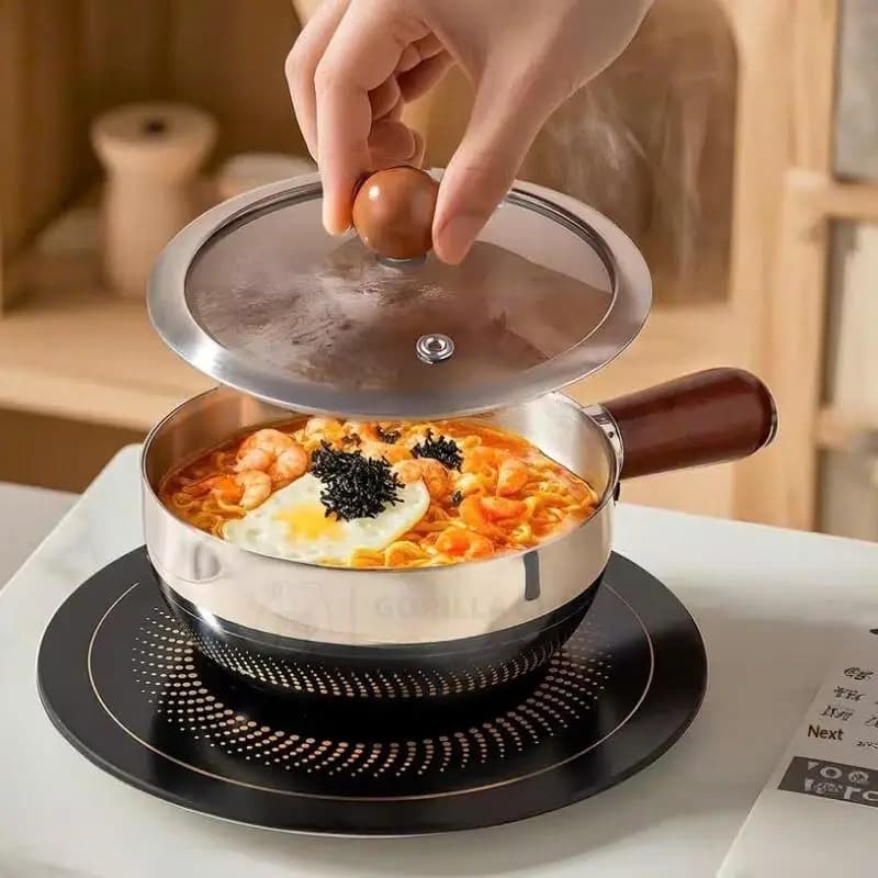 17cm/14cm Stainless Steel Cooking Pans With Wooden Handle & Glass Lid - Multi-Purpose Small Pots For Noodles And Eggs