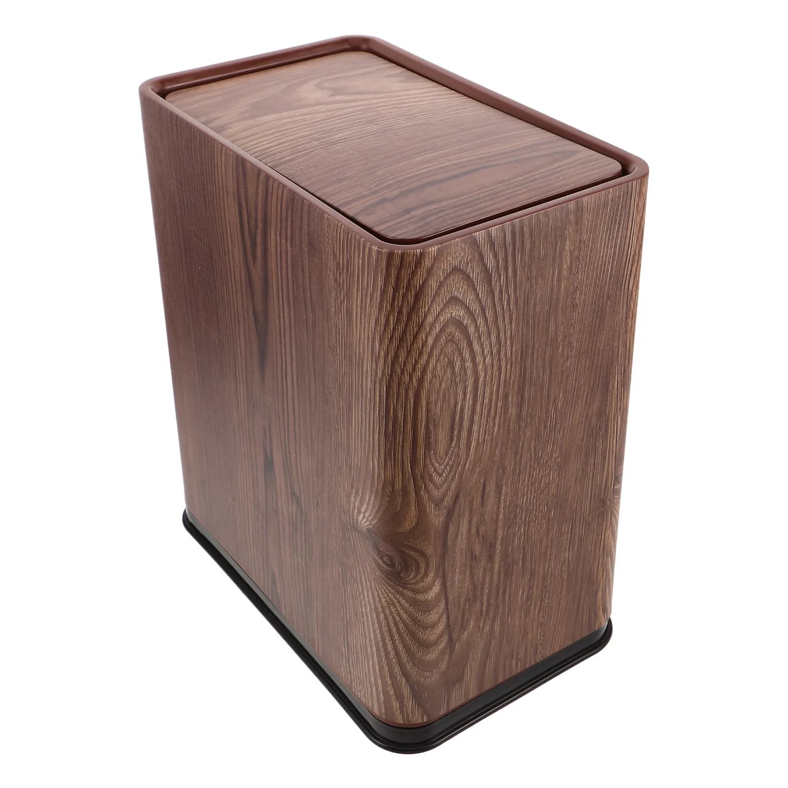 Plastic Wood Grain Retro Garbage Bin Swing Top Lid Slim Wastebasket Narrow Trash Can for Office Kitchen Bathroom Decorative