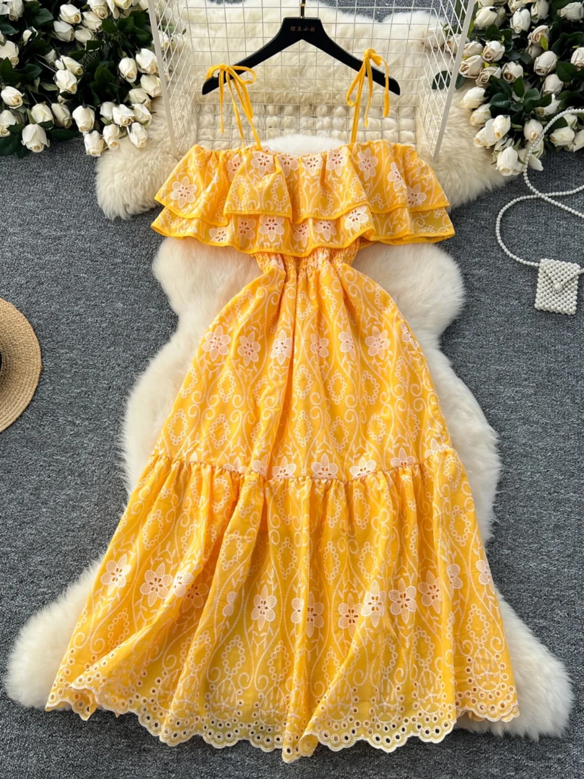Sweet Gentle Style Embroidered Waist-Cinching One-Shoulder Dress Korean High Waist A-Line Midi Skirt Short Sleeve Summer Dress