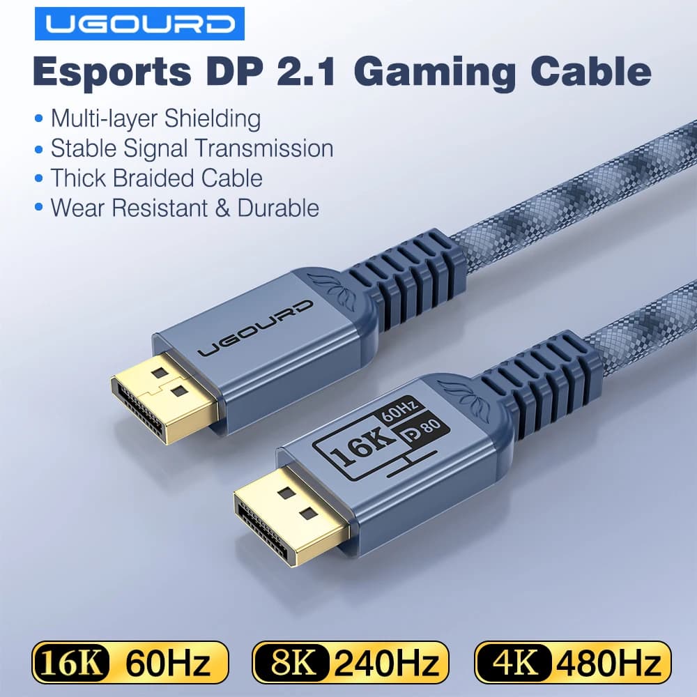 UGOURD DP 2.1 Cable 80Gbps UHBR20 DisplayPort Cable 16K@60Hz HDR HDCP2.3 DP80LL Low Loss for RTX 5090 4090 4K240Hz 8K120Hz(DSC)