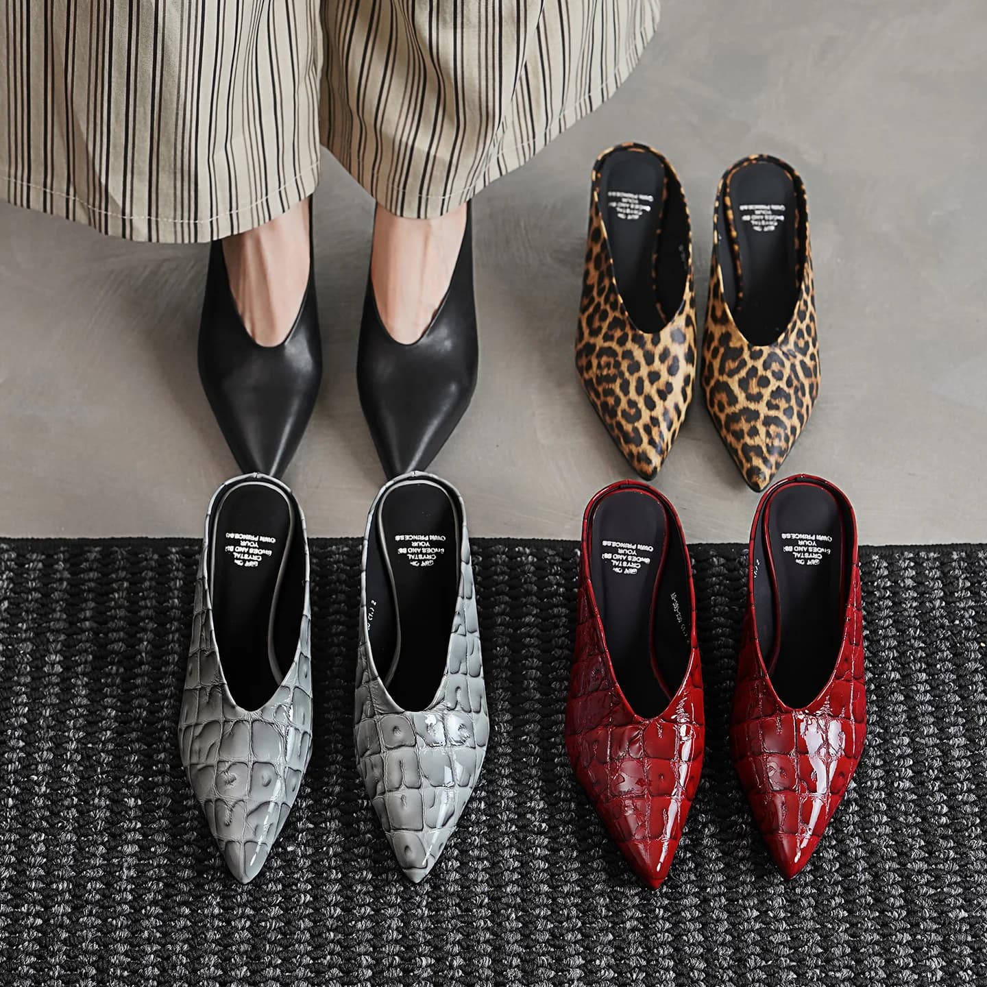 2026new summer women sandals natural leather 22-25cm cowhide pointed toe embossed check mules wedges heel women slippers fashion