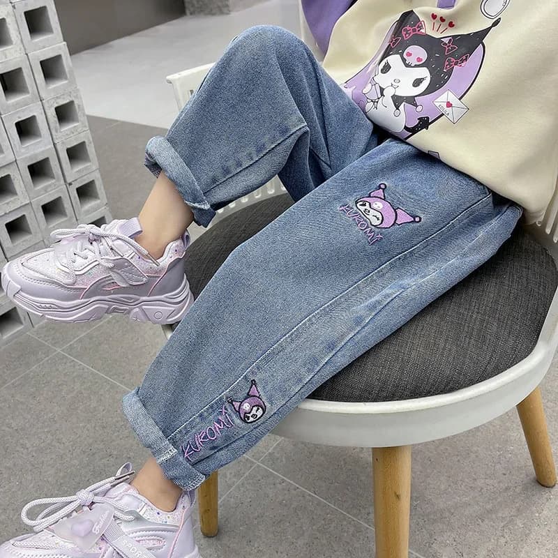 Jeans Carini per Ragazze Sanrio, Kuromi Primavera-Autunno, Pantaloni Casual Kawaii per Bambini, Regalo Festivo con Personaggi Anime