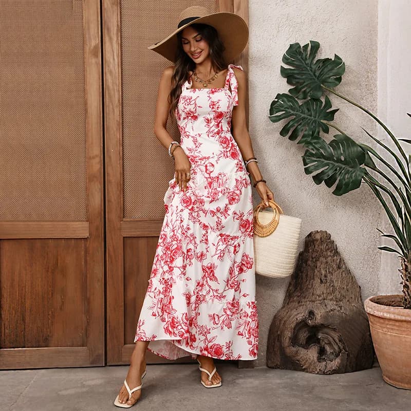 Chic 2026 French Maxi Dress Female Pastoral Multi-layer Cake Dress Suspenders and Floral Print A-shaped Big Pendulum Dress Y2K