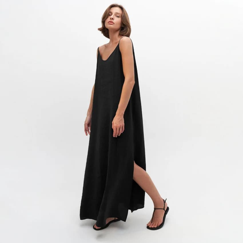Casual Loose White Long Dress Robe Spring Summe Newr V Neck Dresses for Women Spring Sleeveless Straight Robes Nightgown