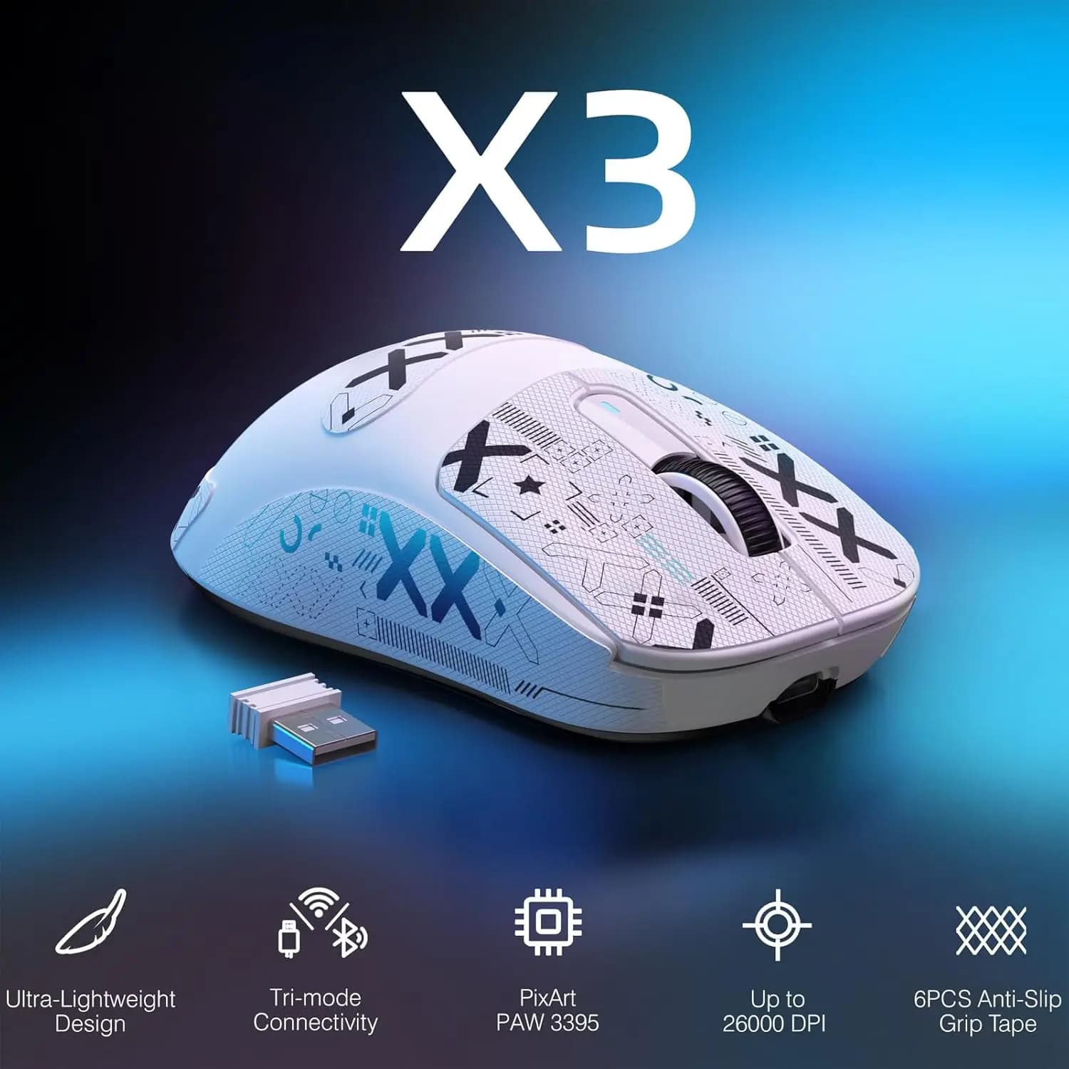 ATTACK SHARK X3 Mouse da gioco wireless leggero, trimodale 49 g, sensore DPI PAW3395 26K, durata della batteria 200 ore, 5 pulsanti programmabili