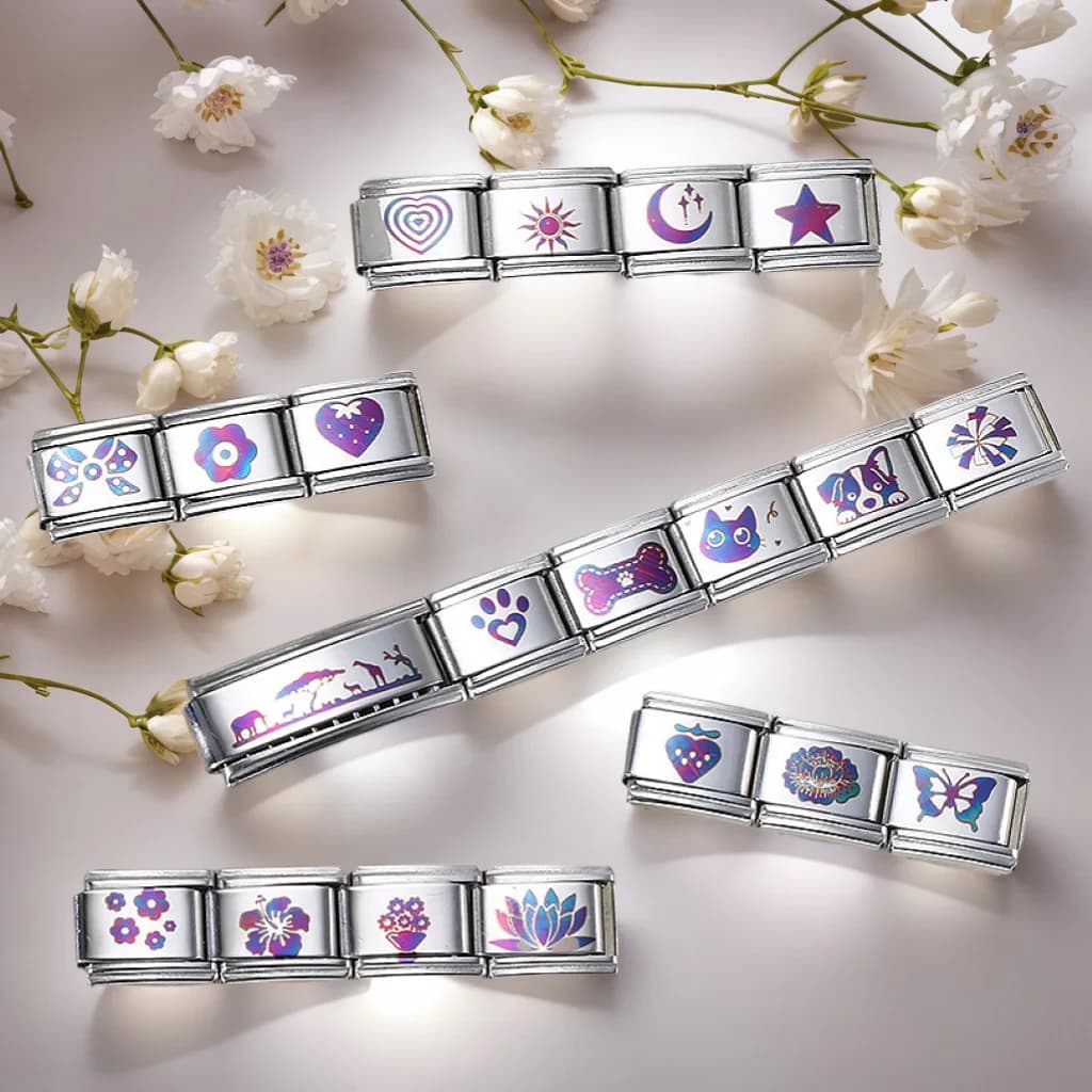 URING Cuore Farfalla Fiore Stella Luna Gatto Cane UV Laser inciso Collegamento di fascino italiano Misura gioielli con bracciale in acciaio inossidabile da 9 mm