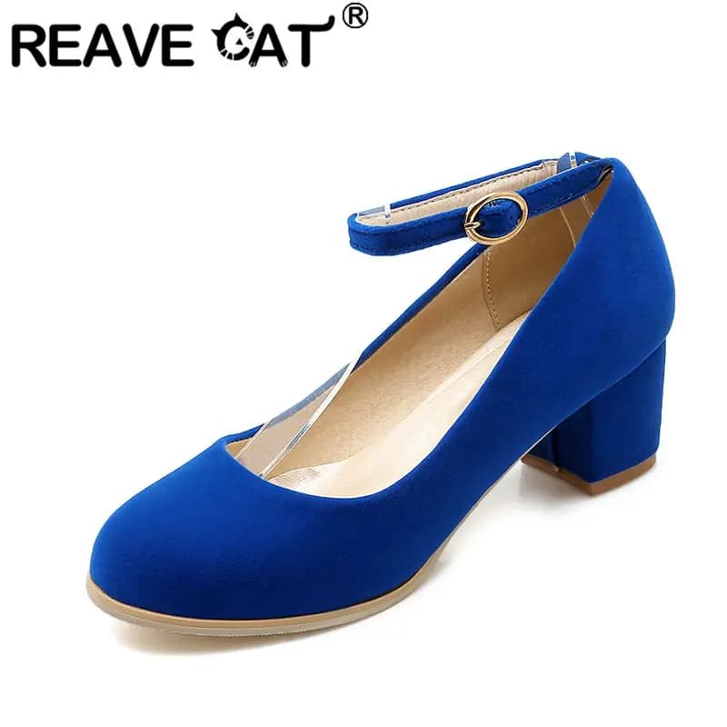 REAVE CAT Blue Female Pumps Round Toe Flock Suede 4cm Chunky Heel Buckle Strap Large Size 44 45 46 47 Mary Janes Shoes Footwear