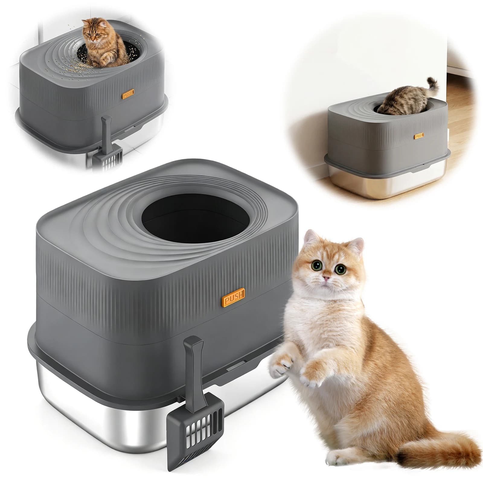 Lettiera per gatti in acciaio inossidabile con ingresso dall'alto, coperchio e paletta, a forma di vasca chiusa (Grigio scuro)