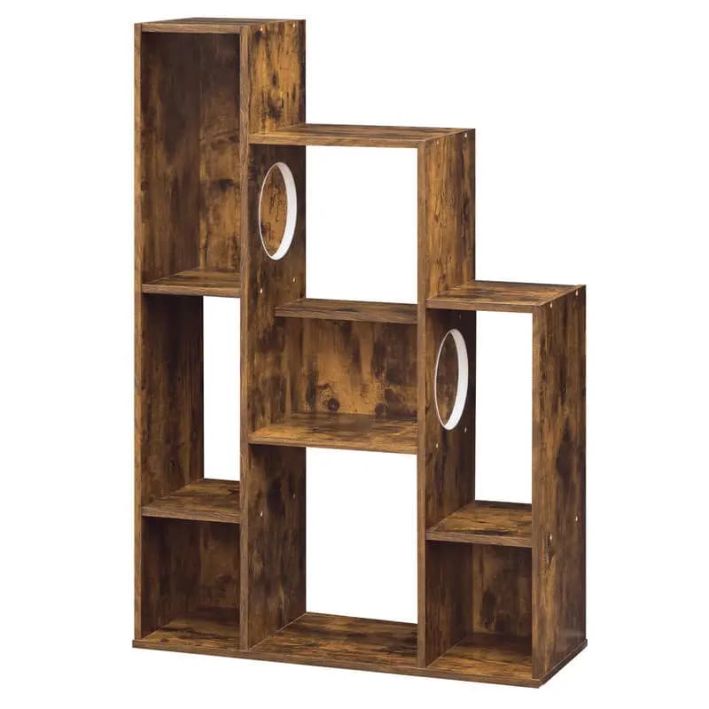 Libreria Moderna per Gatti con Albero Arrampicabile, Mobile Contenitore a 8 Sezioni con 2 Fori Rotondi - Marrone Rustico