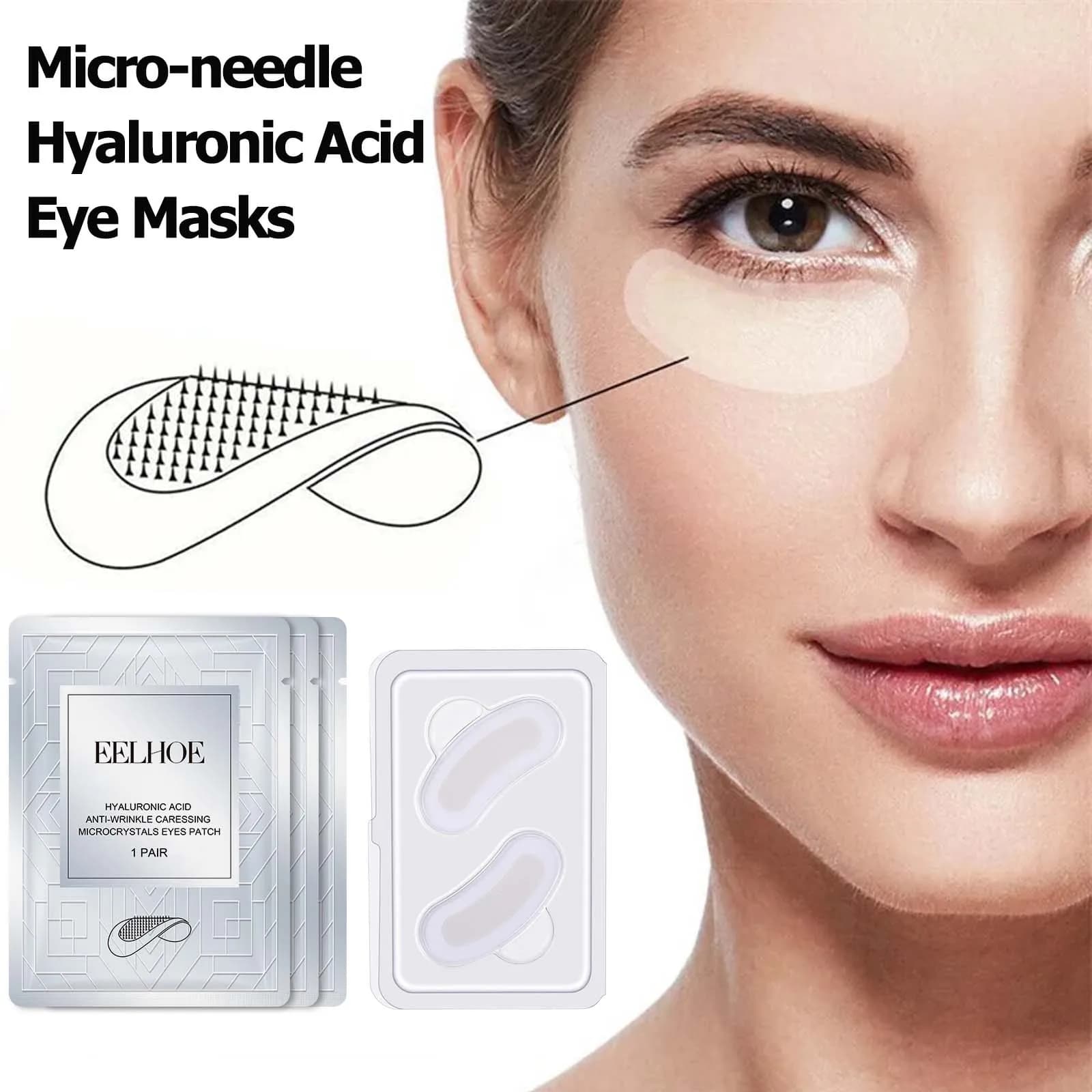 Patch Occhi con Microaghi all'Acido Ialuronico Anti-Rughe, Riduce le Linee Sottili, Idratante, Microcristalli da 0,25mm per la Cura degli Occhi