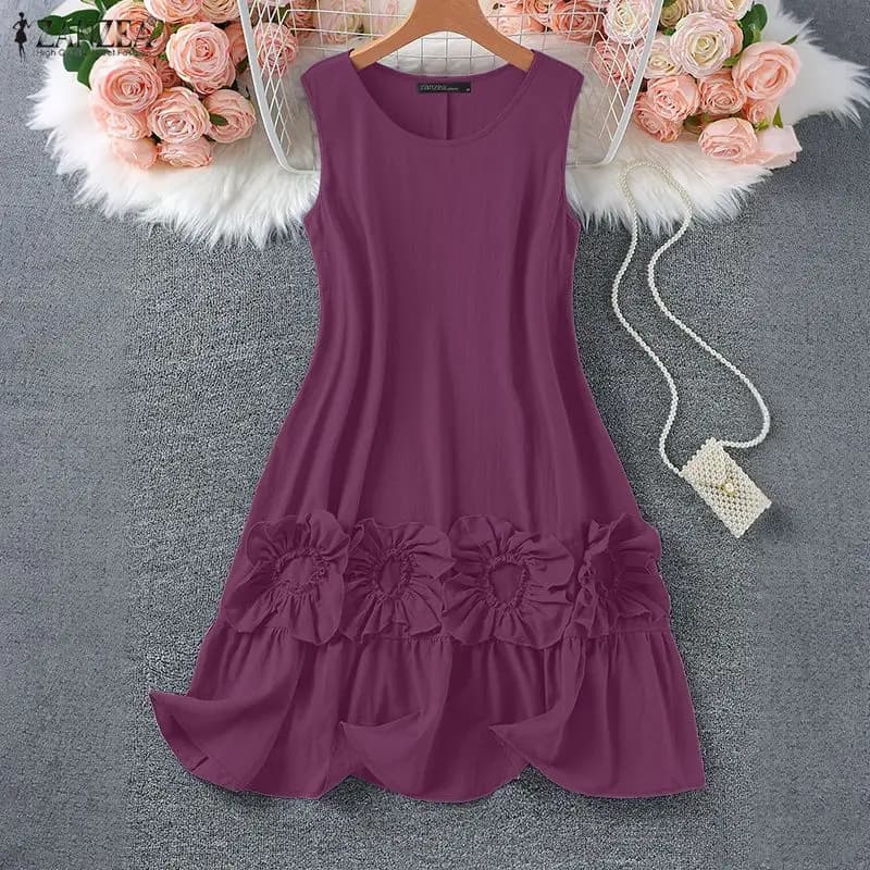 Abito Midi Estivo 2026 da Donna con Fiori in Tessuto, Scollo a O, Senza Maniche, Orlo Arricciato, Tinta Unita, Vestito da Sole ZANZEA, Abito da Vacanza Donna