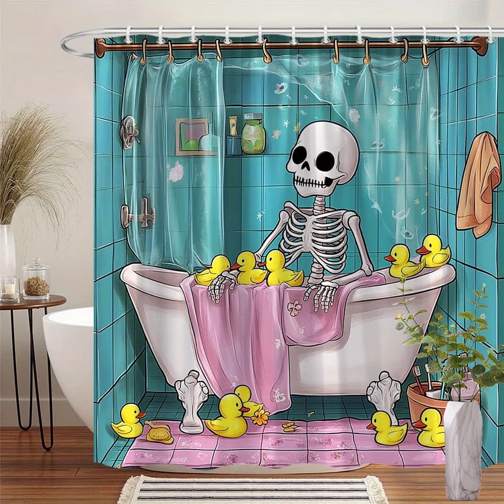 Cartoon Skull Rubber Duck Shower Curtain, Teal Tile Pink Towel Bathtub Print Waterproof Bath Curtain Gothic Funny Bathroom Decor