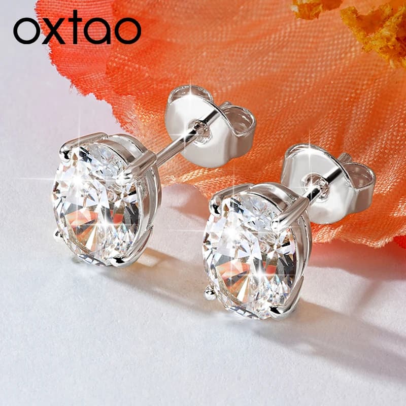 OXTAO Orecchini a lobo semplici e brillanti a forma ovale con solitario, accessori gioiello da donna e uomo, regalo, orecchini con diamante imitazione CZ da laboratorio