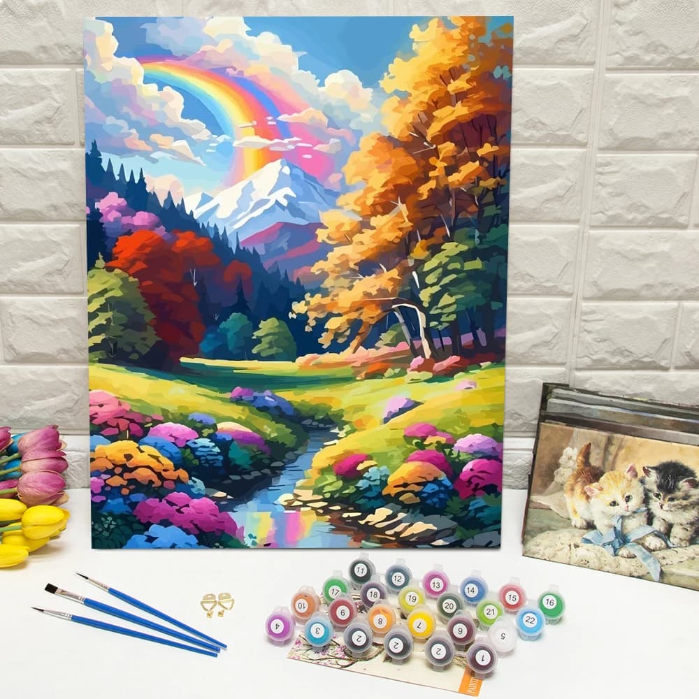 Oil Painting By Numbers Rainbow Landscape DIY Paint By Number River Mountain Digital Oil Painting Tree Scenery Handpainted Gift-