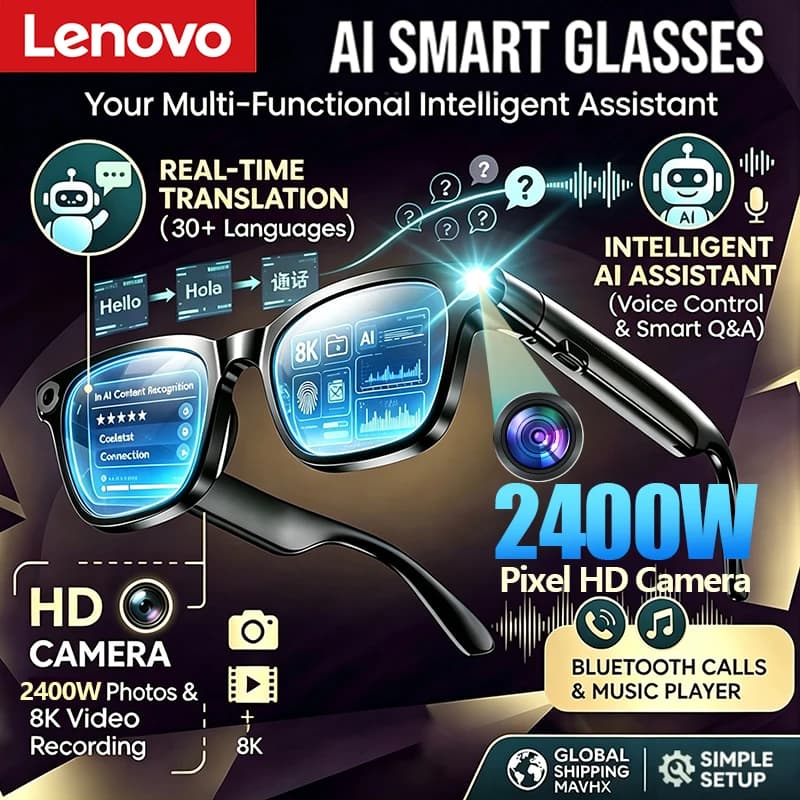 Occhiali Smart AI Lenovo con Fotocamera 8K HD da 800w Pixel, Chiamate Bluetooth, Assistente Vocale, Lettore Musicale, Traduzione e Lenti Fotocromatiche
