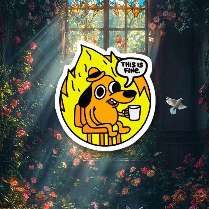 This is Fine - Funny Meme Sticker Decal for Laptops, Water Bottles, Notebooks, Phone Cases, Luggage, Helmets,