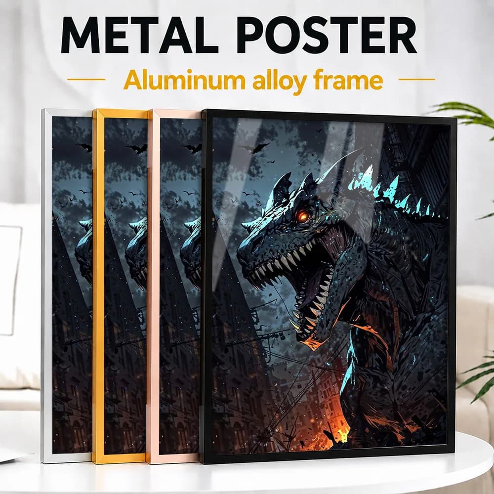 Dinosaur Comic Creature Framed Metal Poster Personalized Photo Vintage Pulp Style Wall Art For Collector Room Pop Culture Gift