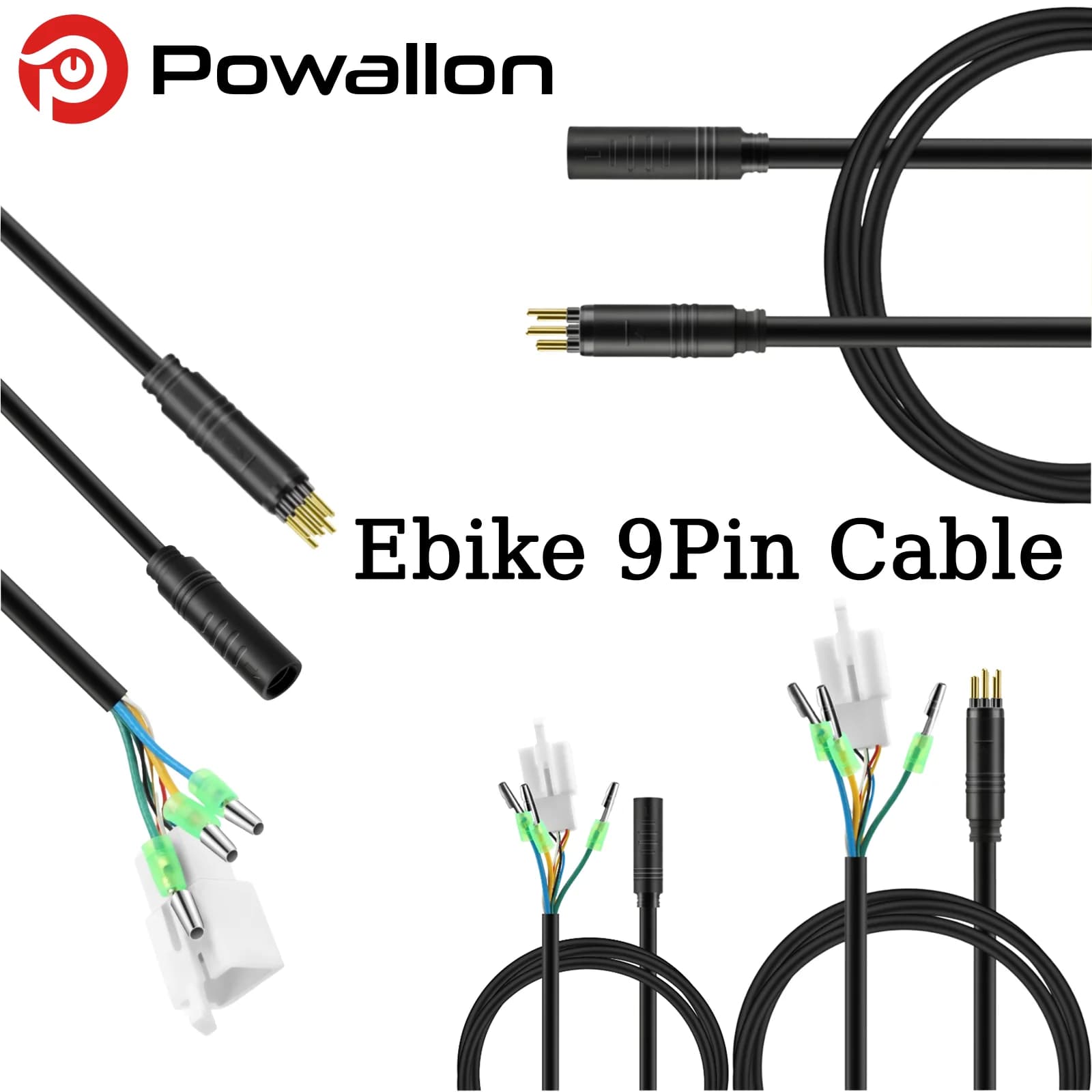 9 PIN EBIKE Wheel Hub Motor Cable, E-BIKE Extension Wire with Waterproof Port, 60cm/120cm, Golden and SM Plug Optional