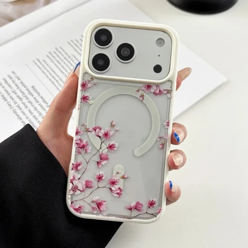 INS Pink Cherry Flower Clear Background Design Phone Case For iPhone 18 17 15 14 13 16 Pro Max Plus For Magsafe Charge Cover