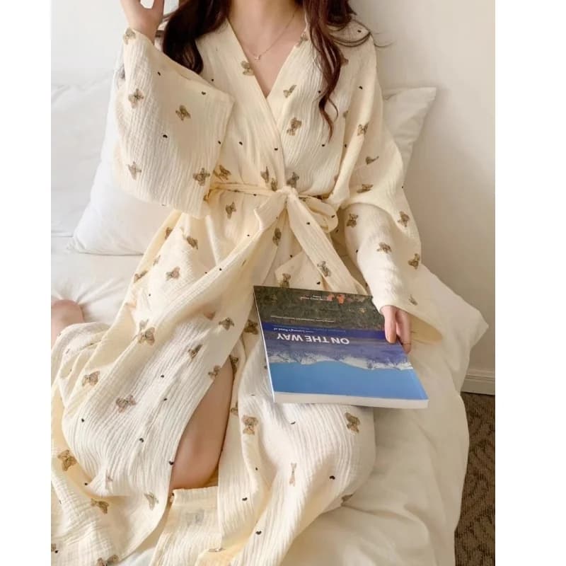 Accappatoio femminile Primavera e autunno Nuovo stile giapponese Ins Accappatoio carino Orso a maniche lunghe Casual Stile principessa Abbigliamento per la casa