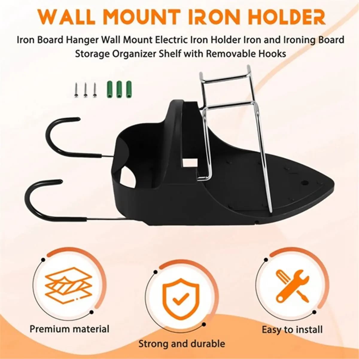 Home Tool Iron Board Hanger Wall Mount Electric Iron Holder Iron and Ironing Board Storage Organizer Shelf with Removable Hooks