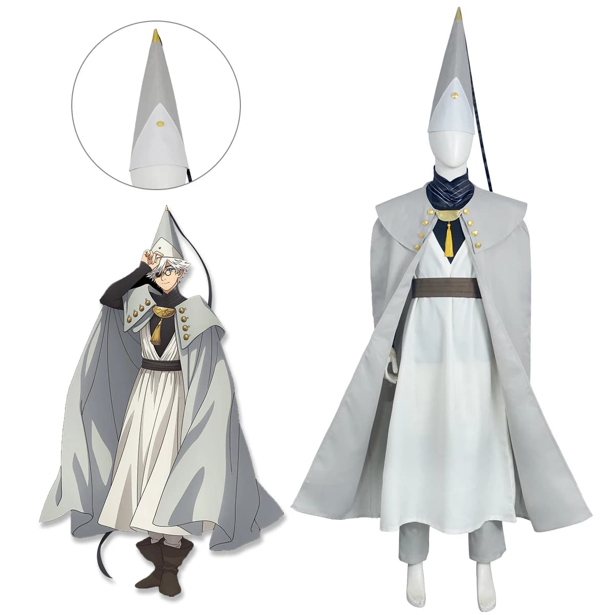 Costume da Mago Qifrey, Stile Anime, Mantello Grigio con Cintura, Cappello a Punta, Set Completo per Halloween e Feste