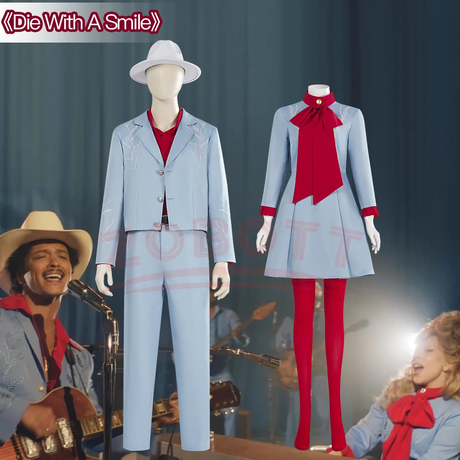 Costume da Cosplay Lady Bruno Mars 'Die With A Smile', Abito Blu Elegante per Halloween e Carnevale, Outfit per Uomo e Donna