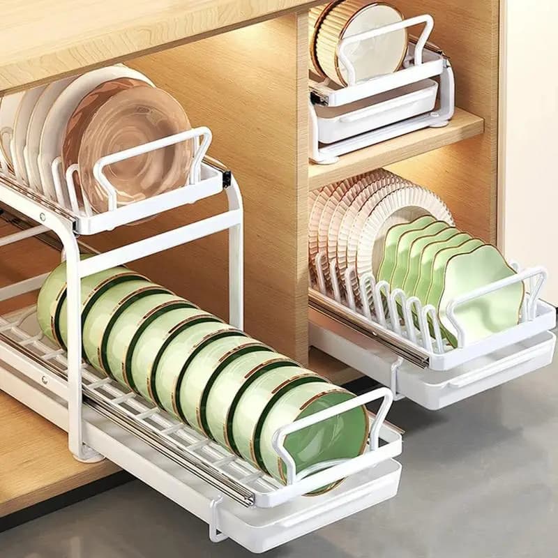 Scaffale per piatti scorrevole Scaffale per utensili da cucina Scaffale per asciugare i piatti da cucina Organizzatore per armadietti con cestino portaoggetti per bacchette