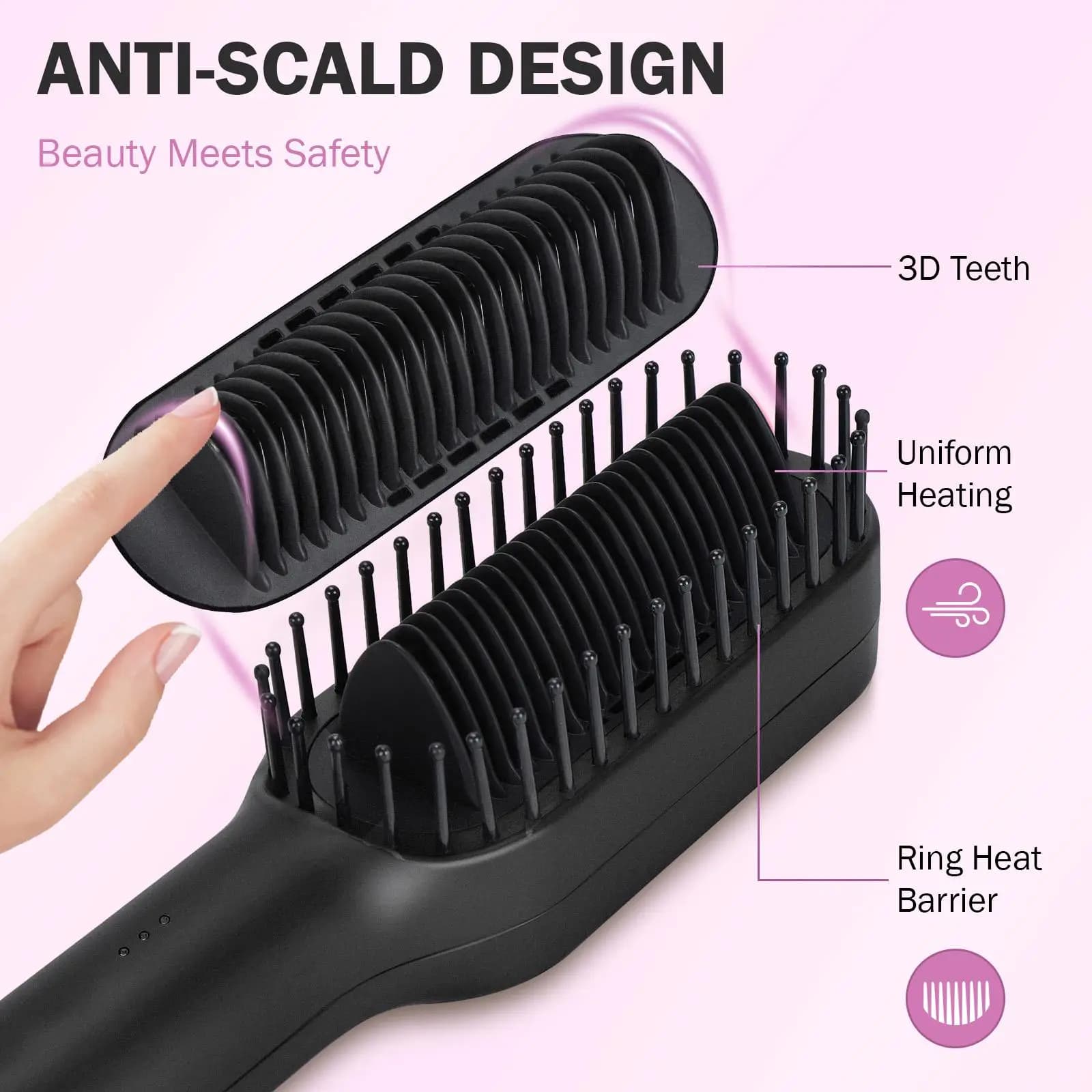 Spazzola Lisciante per Capelli a Ioni Negativi, Nero/Rosa, Anti-Scottatura, Anti-Danno da Calore, Riscaldamento Rapido, Doppio Voltaggio 2 in 1