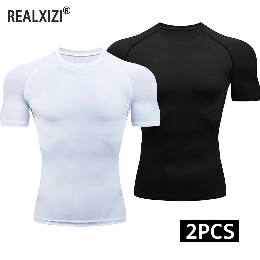 T-shirt a compressione in 2 pezzi T-shirt da corsa per abbigliamento sportivo estivo da uomo T-shirt sportiva elastica ad asciugatura rapida Camicie da allenamento per palestra da uomo