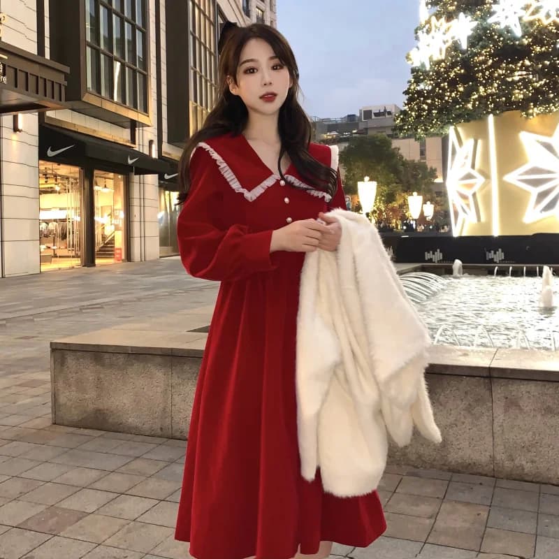 Abito in Velluto Rosso da Donna, Nuovo Stile Autunno Inverno, Design Sensazionale, Taglie Forti, Copre la Pancia, Gonna a Vita Alta con Cerniera, Maniche Lunghe