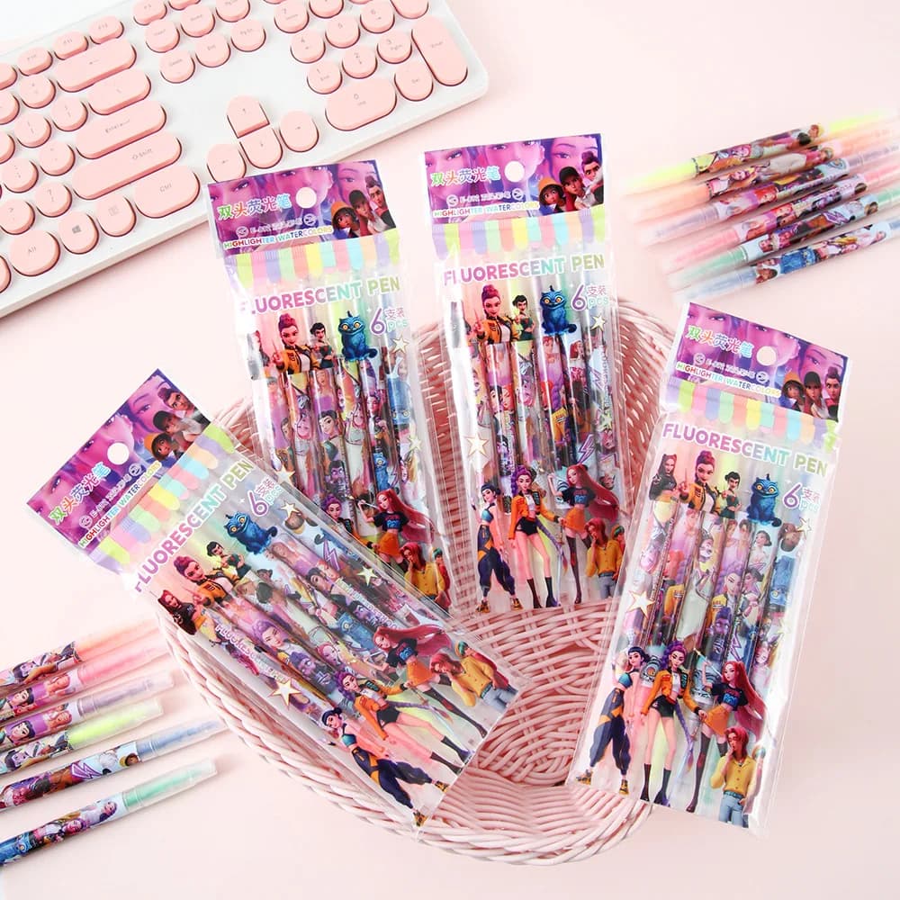 Set di 6 Penne Fluorescenti a Doppia Punta con Design Cartoon, Penne Colorate per Studenti, Penne con Punta Obliqua per Evidenziare, Articoli di Cancelleria