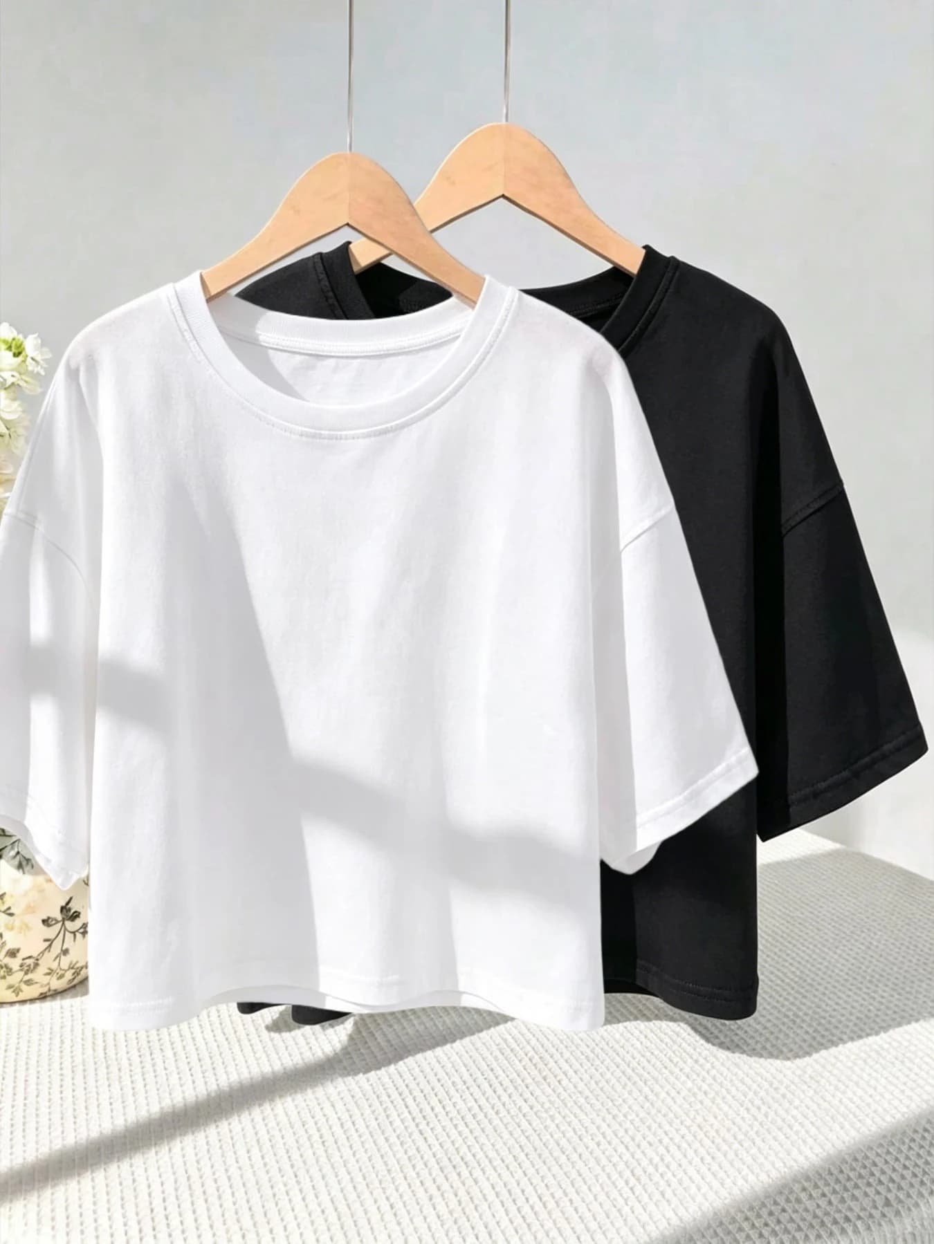 2PCS Black White Color Solid Crop Women's T Shirt Summer Cotton Short Sleeves Oversized Fashion Tee Top Casual Crewneck T-Shirt